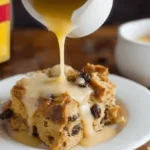 Warm Bread Pudding with Butter Rum Sauce, studded with raisins, being poured onto a white plate on a rustic wooden surface.