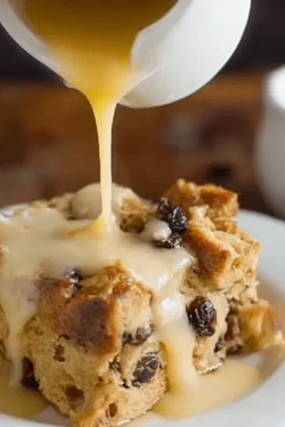 Warm Bread Pudding with Butter Rum Sauce, studded with raisins, being poured onto a white plate on a rustic wooden surface.