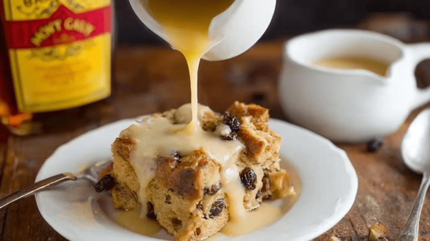 Warm Bread Pudding with Butter Rum Sauce, studded with raisins, being poured onto a white plate on a rustic wooden surface.