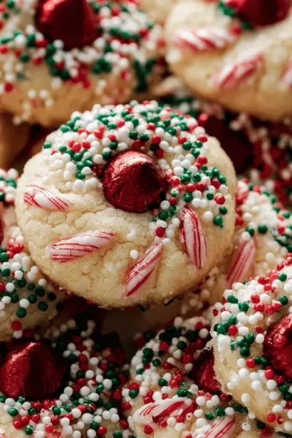 Close-up of festive homemade Candy Cane Kiss Cookies piled on a decorative plate with red, white, and green sprinkles.