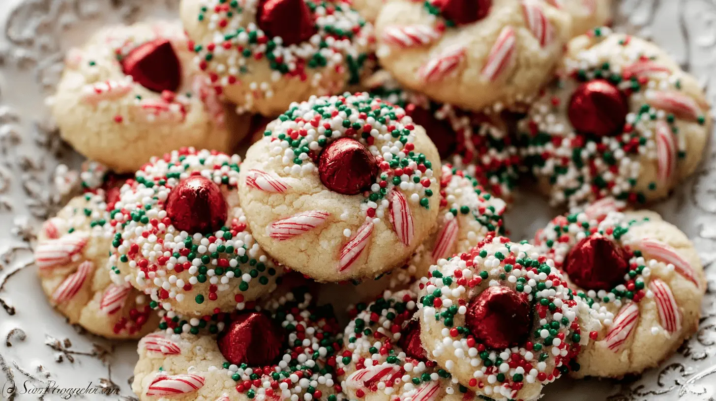 Close-up of festive homemade Candy Cane Kiss Cookies piled on a decorative plate with red, white, and green sprinkles.