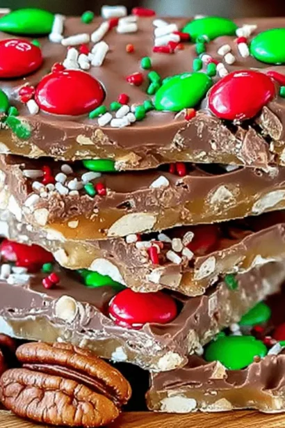 A festive stack of homemade chocolate toffee bark, often called Christmas Crack, adorned with red and green holiday candies and sprinkles, perfect for a Christmas Crack Recipe.