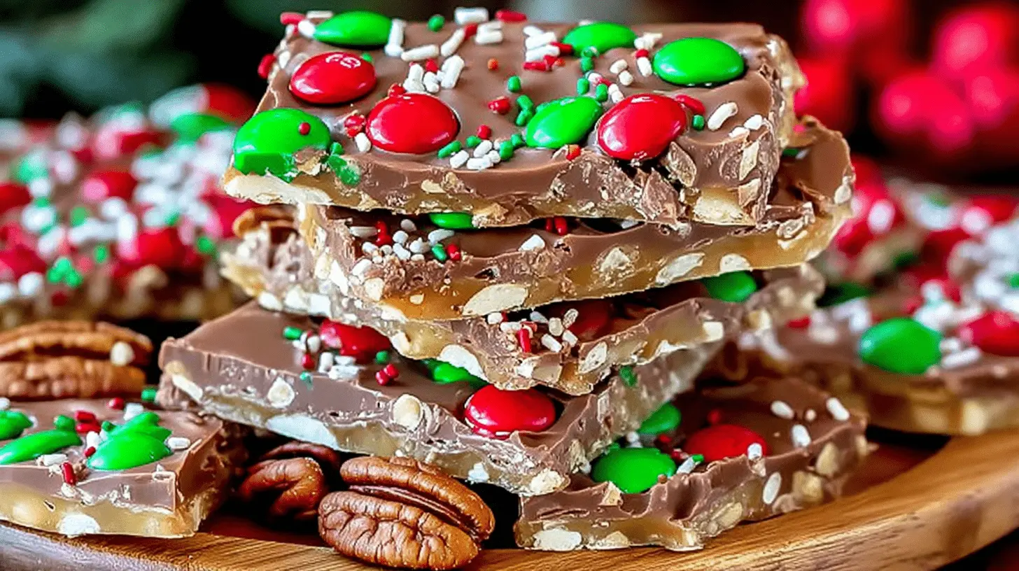 A festive stack of homemade chocolate toffee bark, often called Christmas Crack, adorned with red and green holiday candies and sprinkles, perfect for a Christmas Crack Recipe.