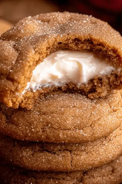 A close-up of delicious Christmas Gingerbread Cheesecake Cookies stacked with creamy filling, alongside a gingerbread man and a festive ornament.