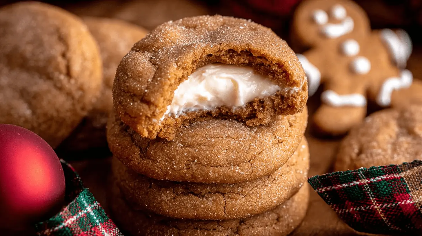 A close-up of delicious Christmas Gingerbread Cheesecake Cookies stacked with creamy filling, alongside a gingerbread man and a festive ornament.