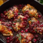Beautifully prepared Cranberry Orange Chicken in a cast iron skillet, garnished with fresh herbs and surrounded by cranberries and orange slices.