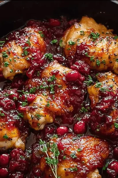Beautifully prepared Cranberry Orange Chicken in a cast iron skillet, garnished with fresh herbs and surrounded by cranberries and orange slices.
