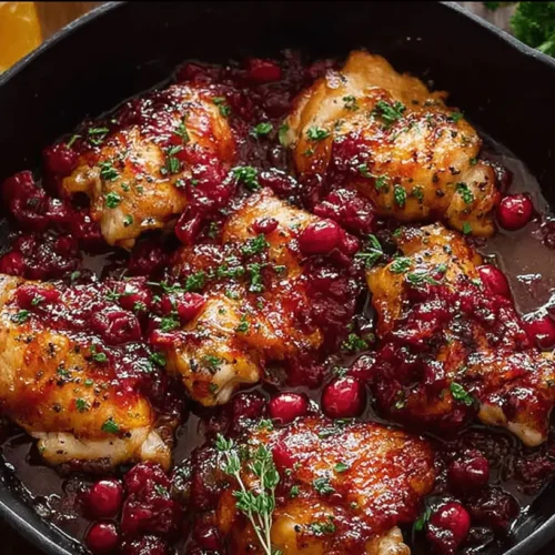 Beautifully prepared Cranberry Orange Chicken in a cast iron skillet, garnished with fresh herbs and surrounded by cranberries and orange slices.
