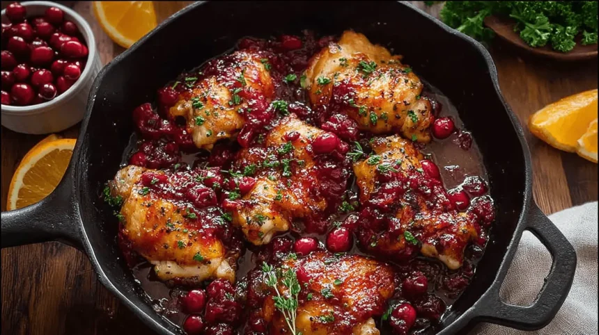 Beautifully prepared Cranberry Orange Chicken in a cast iron skillet, garnished with fresh herbs and surrounded by cranberries and orange slices.