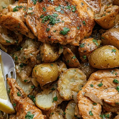 Close-up of a skillet filled with golden-brown Easy Cowboy Butter Chicken and roasted potatoes, garnished with fresh herbs and lemon slices.
