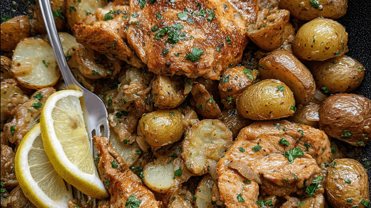 Close-up of a skillet filled with golden-brown Easy Cowboy Butter Chicken and roasted potatoes, garnished with fresh herbs and lemon slices.