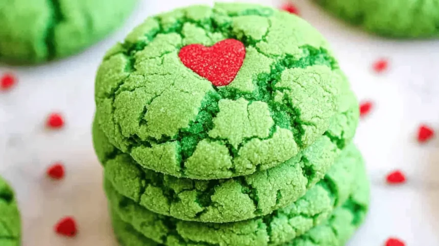 Vibrant stack of bright green Grinch Crinkle Cookies with a red heart, sparkling with sugar on a light surface.