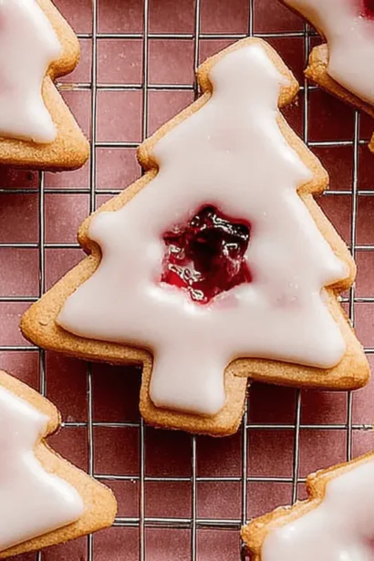 Close-up of festive Christmas tree-shaped Iced Cherry Almond Linzer Cookies with vibrant cherry jam centers on a cooling rack.