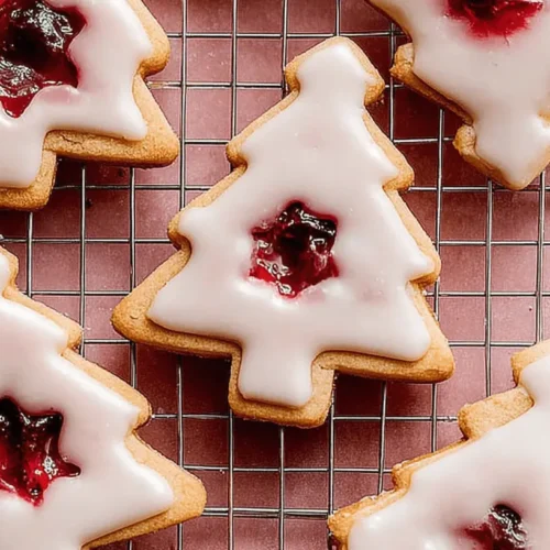 Close-up of festive Christmas tree-shaped Iced Cherry Almond Linzer Cookies with vibrant cherry jam centers on a cooling rack.