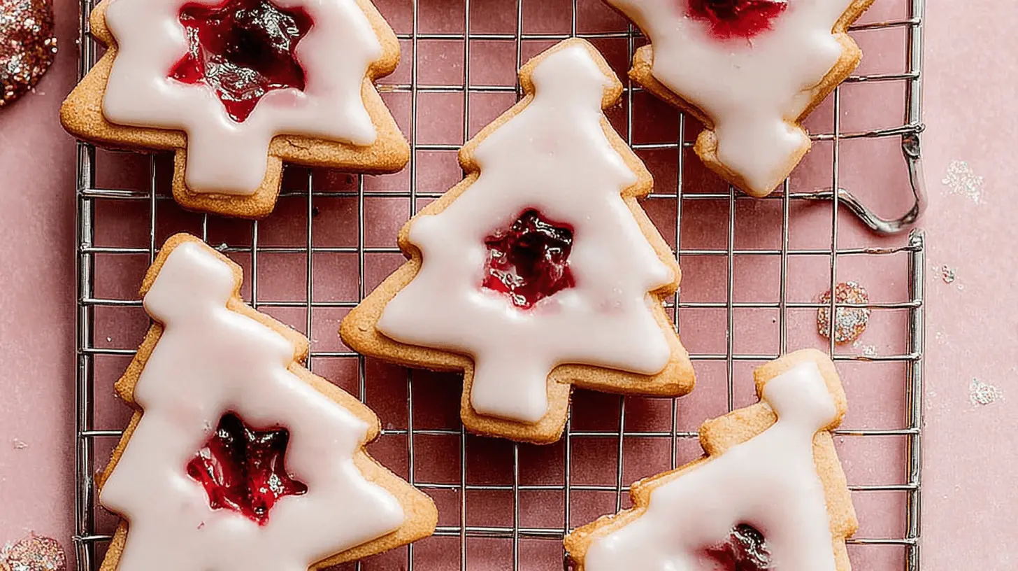 Close-up of festive Christmas tree-shaped Iced Cherry Almond Linzer Cookies with vibrant cherry jam centers on a cooling rack.