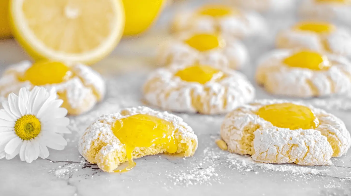 Close-up of freshly baked Lemon Curd Thumbprints dusted with powdered sugar, one broken to reveal the luscious lemon filling, with fresh lemons and a daisy.