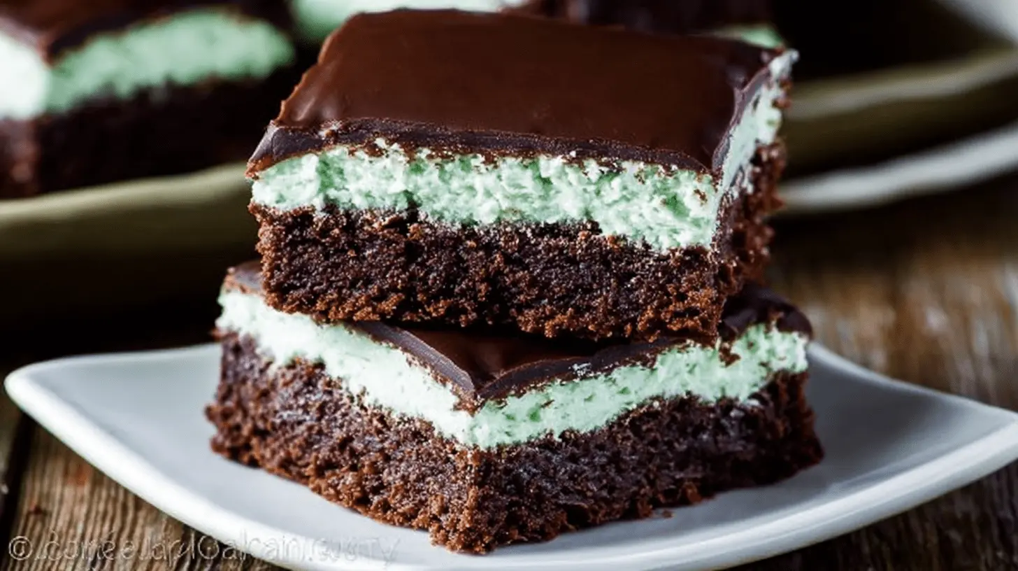 Close-up of perfectly layered Mint Chocolate Brownies with a rich chocolate base, vibrant mint filling, and glossy chocolate glaze.