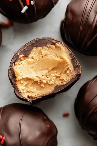 A top-down view of delicious chocolate-covered Peanut Butter Balls (Truffles), some decorated with sprinkles, with one cut open to reveal the creamy filling.
