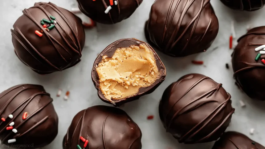 A top-down view of delicious chocolate-covered Peanut Butter Balls (Truffles), some decorated with sprinkles, with one cut open to reveal the creamy filling.
