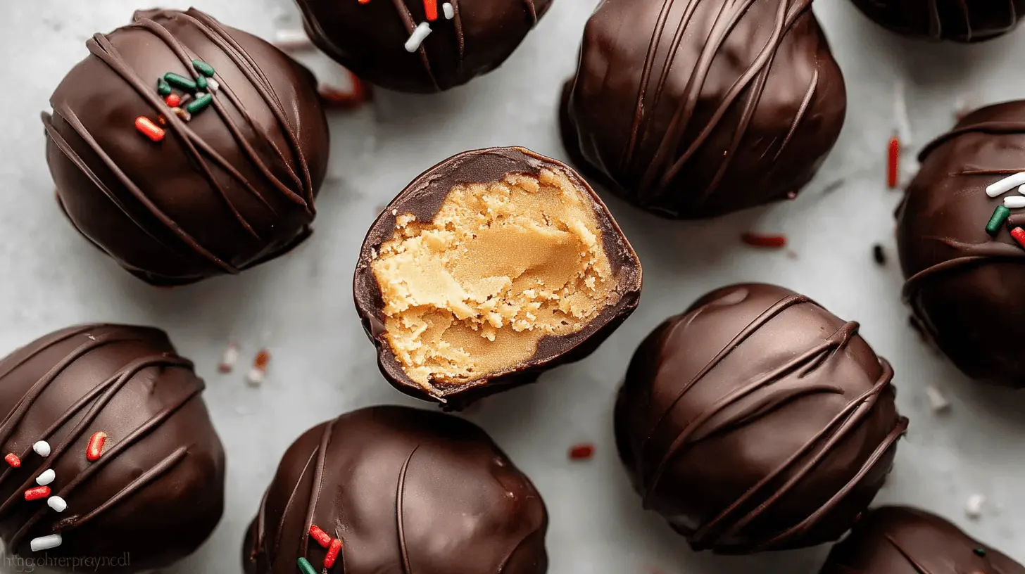 A top-down view of delicious chocolate-covered Peanut Butter Balls (Truffles), some decorated with sprinkles, with one cut open to reveal the creamy filling.