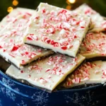 A close-up of homemade peppermint bark pieces from a festive Peppermint Bark Recipe, nestled in a blue snowflake tin with candy canes.