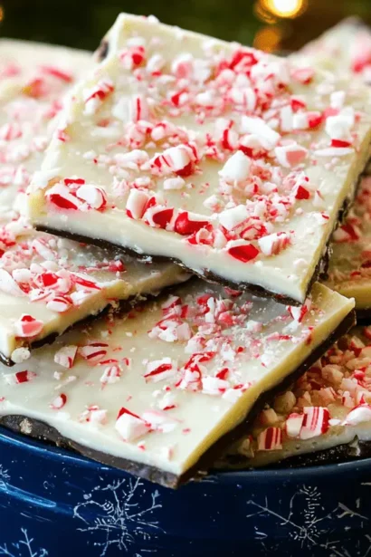 A close-up of homemade peppermint bark pieces from a festive Peppermint Bark Recipe, nestled in a blue snowflake tin with candy canes.