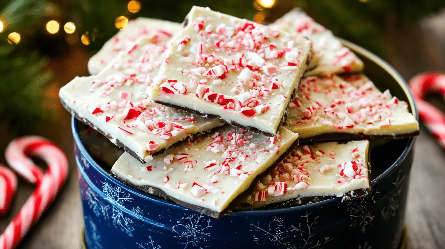 A close-up of homemade peppermint bark pieces from a festive Peppermint Bark Recipe, nestled in a blue snowflake tin with candy canes.