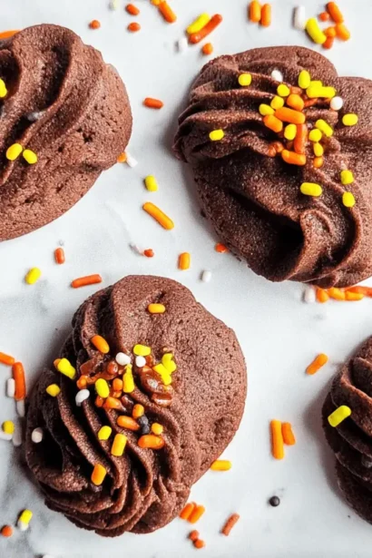 A flat lay of six Piped Chocolate Butter Cookies adorned with vibrant autumn-themed sprinkles on a white marble surface.