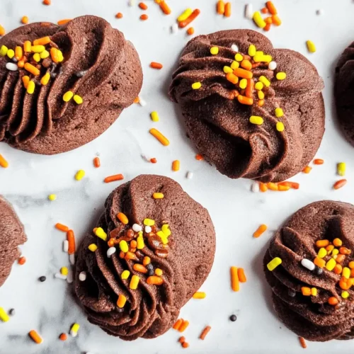 A flat lay of six Piped Chocolate Butter Cookies adorned with vibrant autumn-themed sprinkles on a white marble surface.