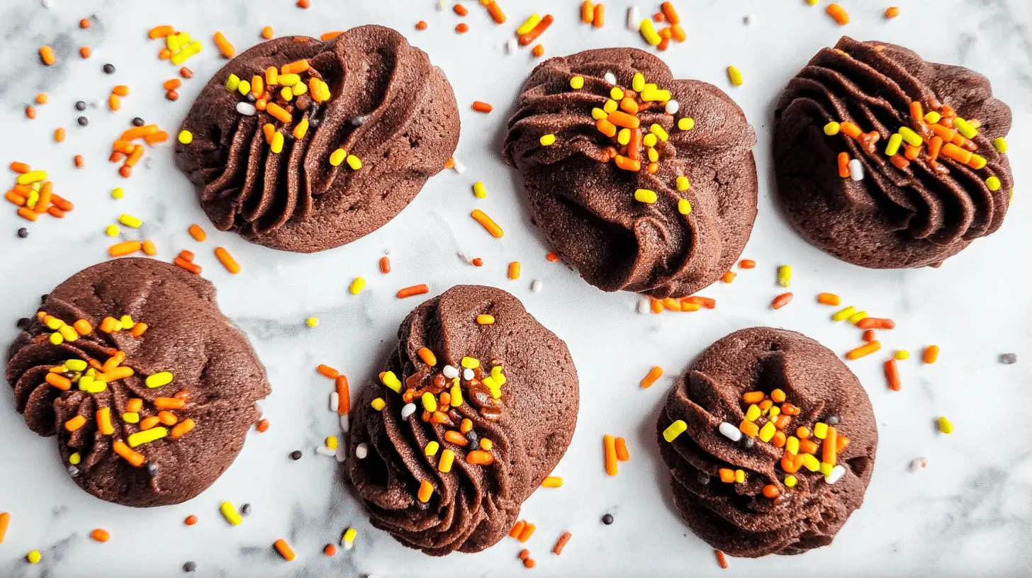 A flat lay of six Piped Chocolate Butter Cookies adorned with vibrant autumn-themed sprinkles on a white marble surface.