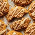 Overhead view of several freshly baked Pumpkin Crumb Cake Cookies with streusel topping and icing drizzle on parchment paper.