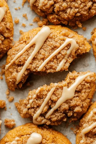 Overhead view of several freshly baked Pumpkin Crumb Cake Cookies with streusel topping and icing drizzle on parchment paper.