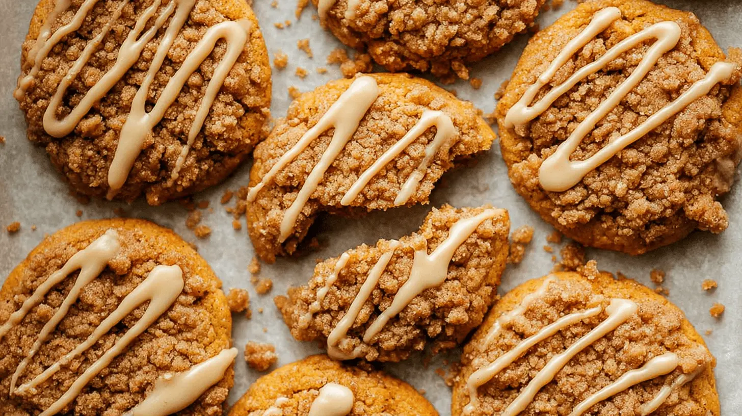 Overhead view of several freshly baked Pumpkin Crumb Cake Cookies with streusel topping and icing drizzle on parchment paper.