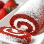 Delectable Red Velvet Cake Roll slice on a white platter, showcasing its spiral cream cheese filling.