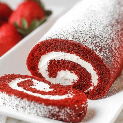 Delectable Red Velvet Cake Roll slice on a white platter, showcasing its spiral cream cheese filling.