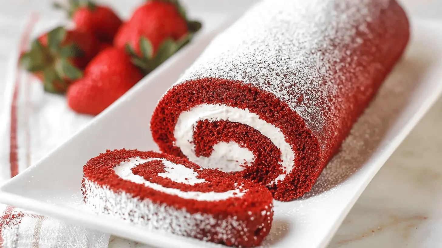 Delectable Red Velvet Cake Roll slice on a white platter, showcasing its spiral cream cheese filling.