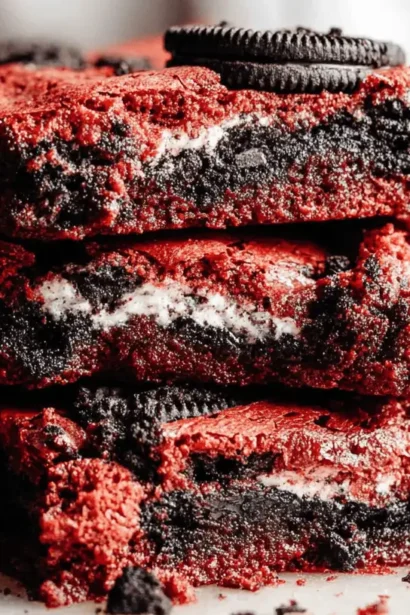 A close-up stack of three decadent Red Velvet Oreo Brownies with creamy filling and cookie pieces.