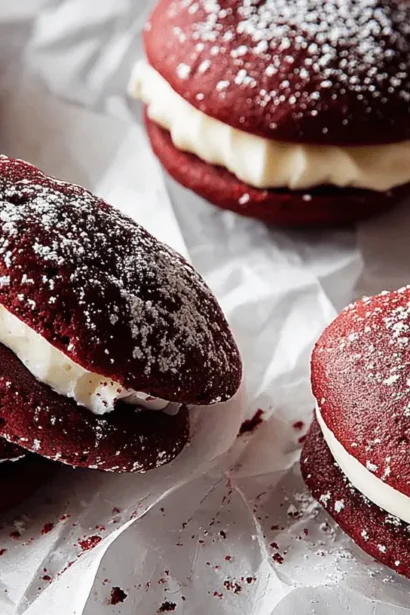Close-up of freshly baked Red Velvet Whoopie Pies with creamy filling and powdered sugar on white parchment.
