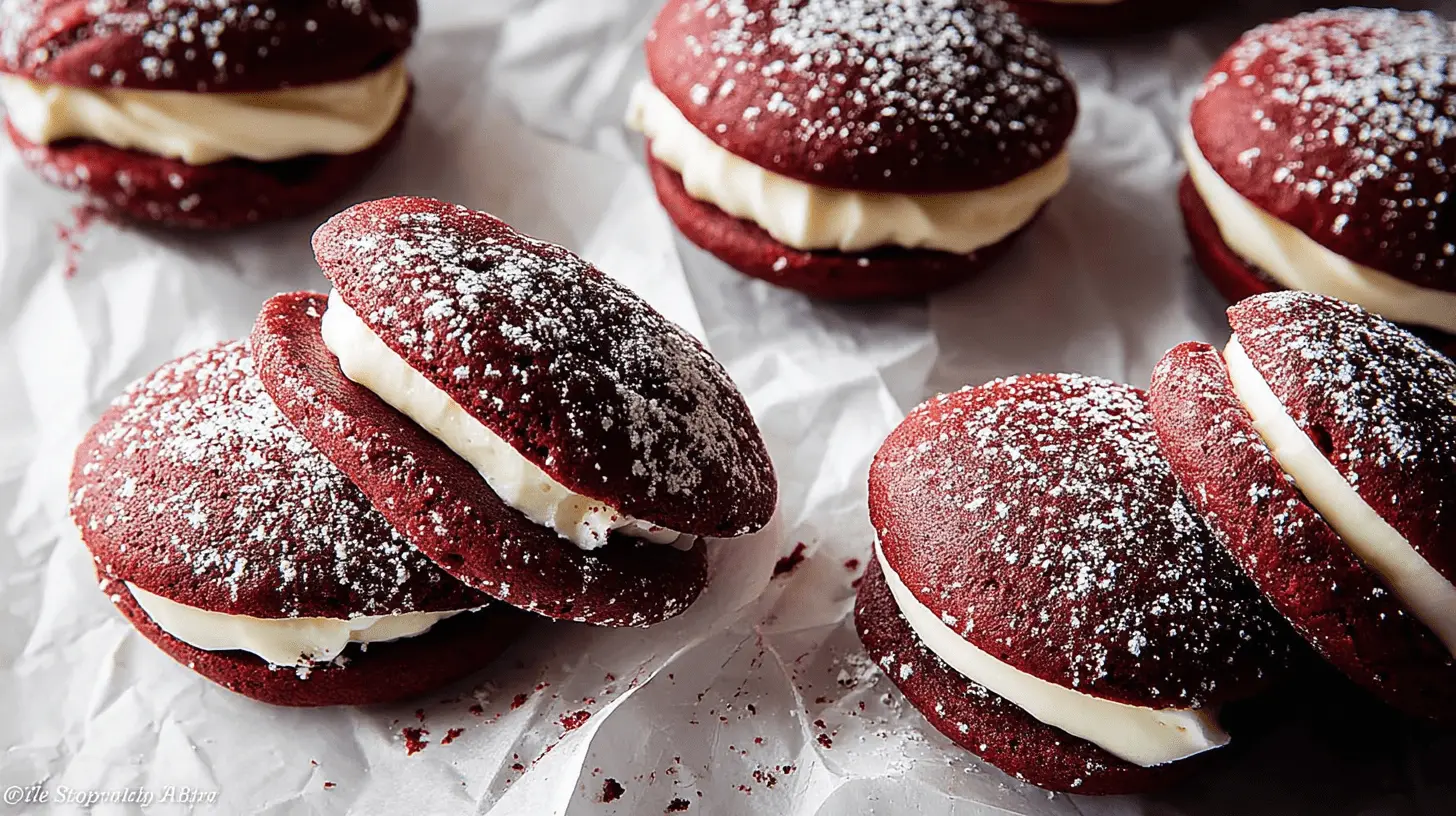 Close-up of freshly baked Red Velvet Whoopie Pies with creamy filling and powdered sugar on white parchment.