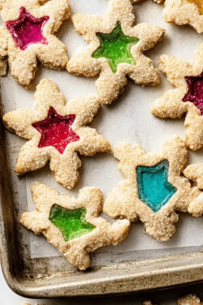 Vibrant star and snowflake-shaped stained glass window cookies on a baking sheet, perfect for holiday celebrations.