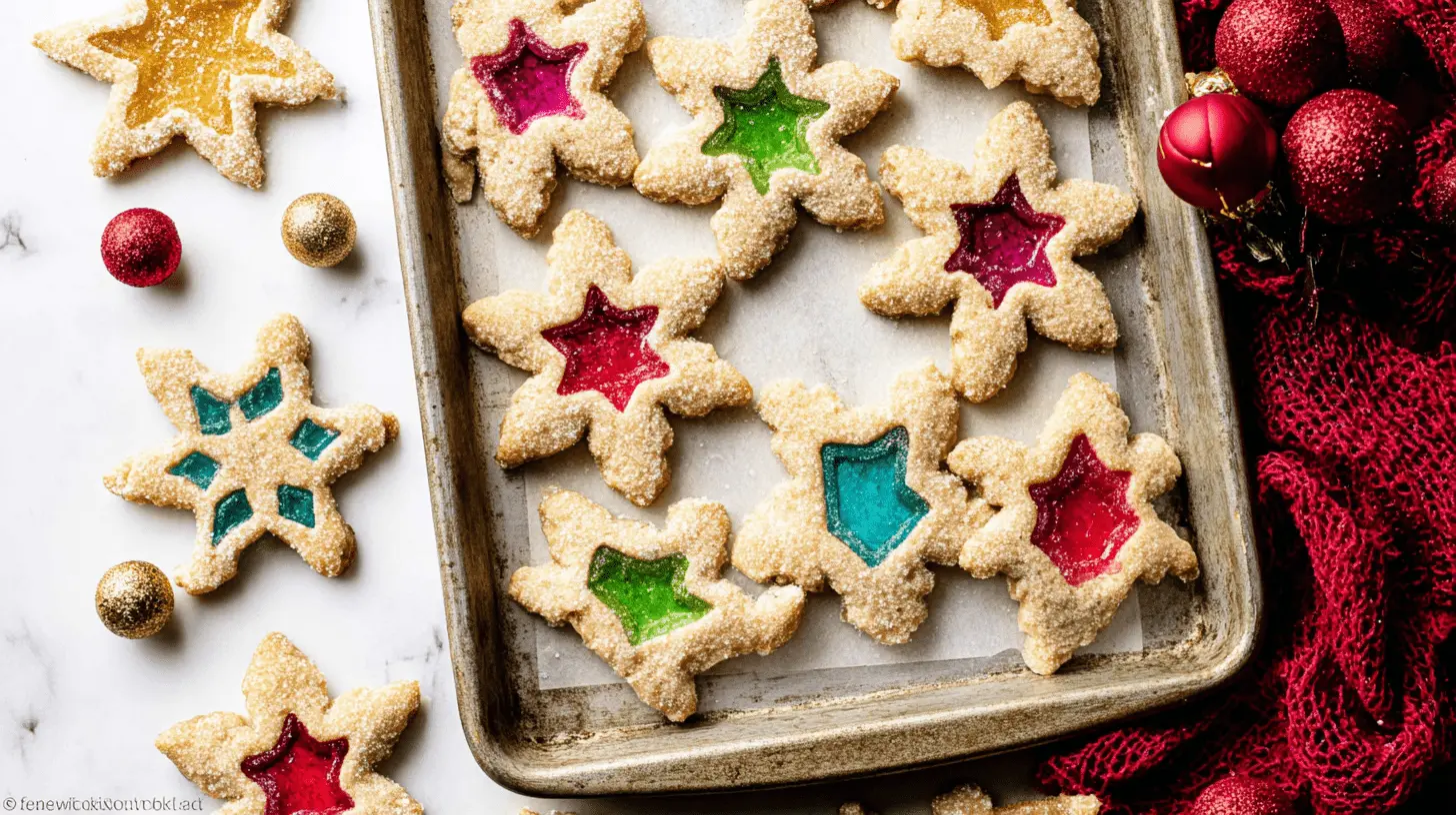 Vibrant star and snowflake-shaped stained glass window cookies on a baking sheet, perfect for holiday celebrations.