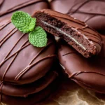 A close-up of delicious Thin Mint Cookies artfully arranged on crumpled brown paper, with one broken to show its mint green filling and fresh mint leaves.
