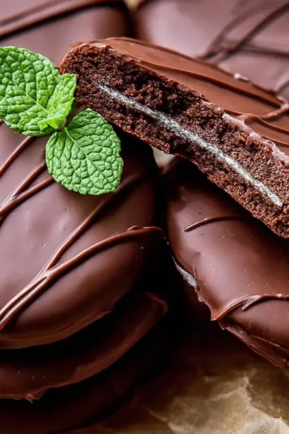 A close-up of delicious Thin Mint Cookies artfully arranged on crumpled brown paper, with one broken to show its mint green filling and fresh mint leaves.