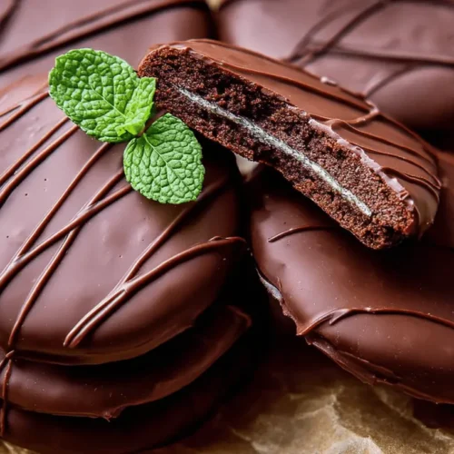A close-up of delicious Thin Mint Cookies artfully arranged on crumpled brown paper, with one broken to show its mint green filling and fresh mint leaves.
