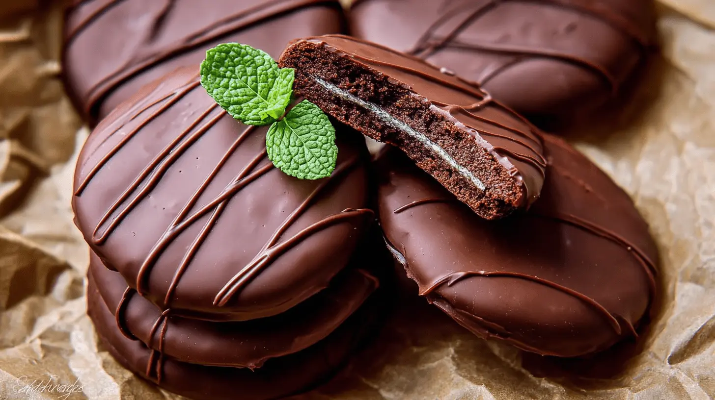 A close-up of delicious Thin Mint Cookies artfully arranged on crumpled brown paper, with one broken to show its mint green filling and fresh mint leaves.
