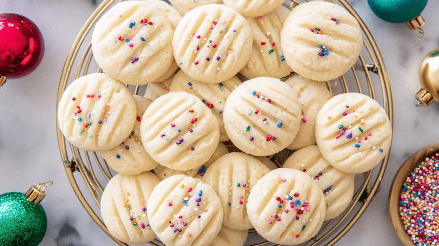 Overhead view of a gold basket filled with festive rainbow-sprinkled Whipped Shortbread Cookies and Christmas ornaments.