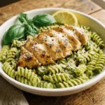 Creamy Chicken Pesto Pasta with sliced grilled chicken, pesto-coated fettuccine, and grated parmesan