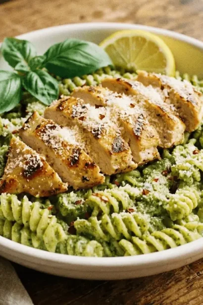 Creamy Chicken Pesto Pasta with sliced grilled chicken, pesto-coated fettuccine, and grated parmesan