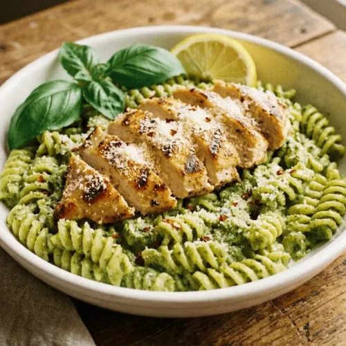Creamy Chicken Pesto Pasta with sliced grilled chicken, pesto-coated fettuccine, and grated parmesan
