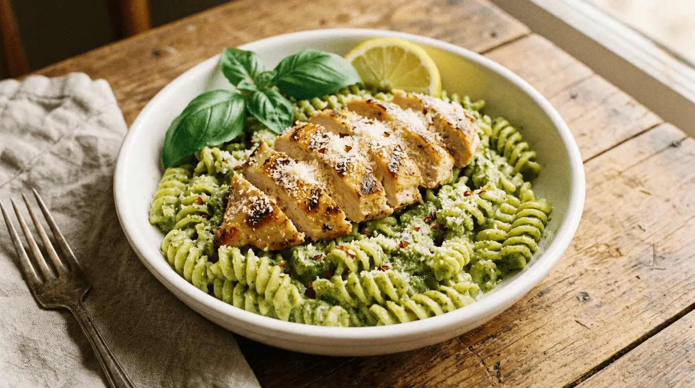 Creamy Chicken Pesto Pasta with sliced grilled chicken, pesto-coated fettuccine, and grated parmesan